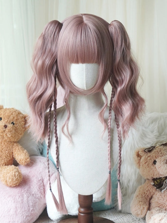Dusty Pink Bob Cut Short Wig With Bangs＋Double Wavy Ponytail Claw Clips
