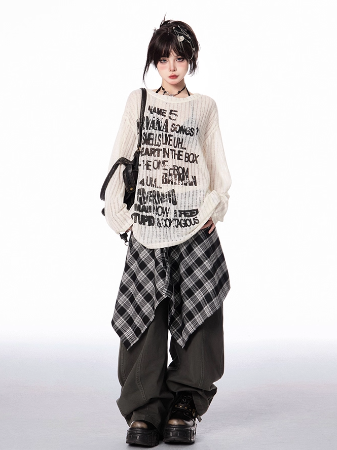 Rise Vintage Grau/Braun Dunkel mit Plaid Taille Zubehör Weite Bein Hosen Niedrigen