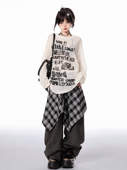 Rise Vintage Grau/Braun Dunkel mit Plaid Taille Zubehör Weite Bein Hosen Niedrigen