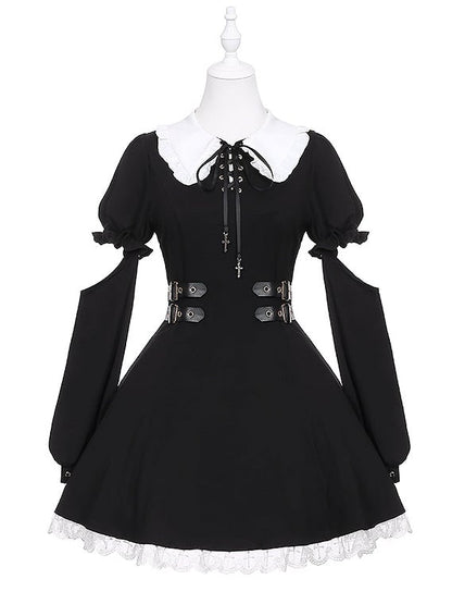 Jirai Kei Black Detachable Sleeves Buckle Straps Waist Landmine Style Dress