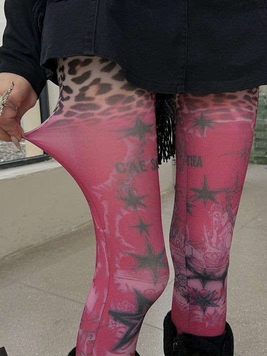 Collants à bordure en dentelle imprimé léopard Red Star