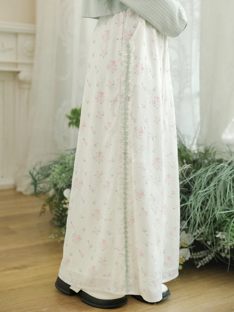 Short/Regular Lace Trim Wide-Leg Pants Floral White Elastic Waist Ruffled Version