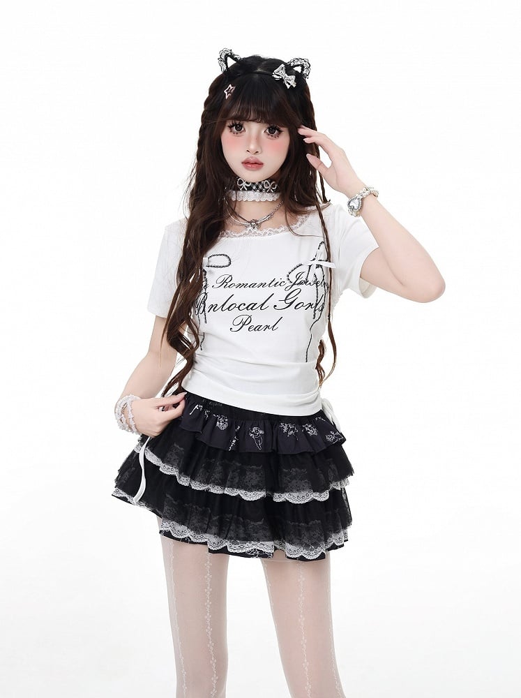 T-Shirt Graphic Black/Grey/White Details Drawstring Waist Lace Trim Bowknot