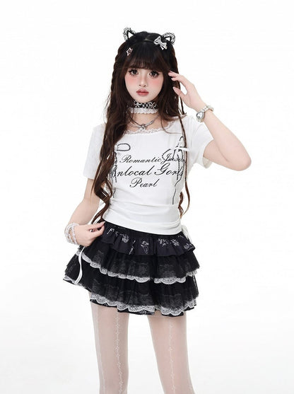 T-Shirt Graphic Black/Grey/White Details Drawstring Waist Lace Trim Bowknot