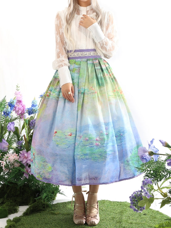 and Water Purple Lily Oil Painting Print Gray Waist Skirt Version Long/Short High