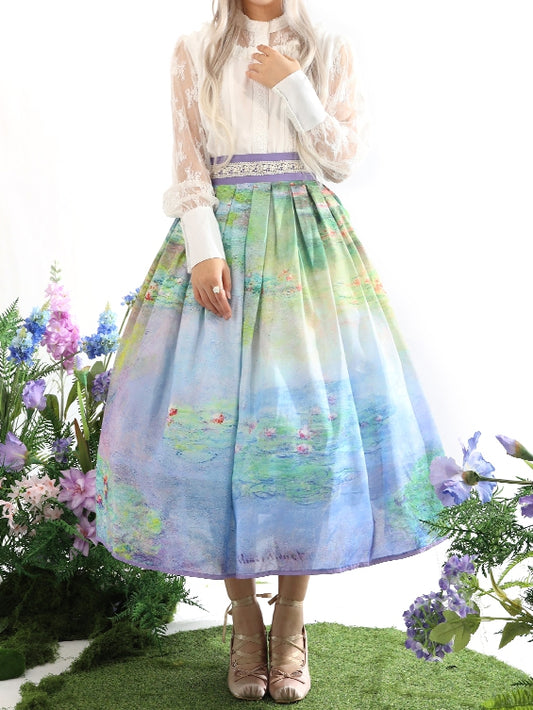 and Water Purple Lily Oil Painting Print Gray Waist Skirt Version Long/Short High