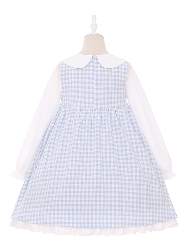 Robe à manches longues et col Peter Pan à carreaux bleu clair et motif poulet mignon