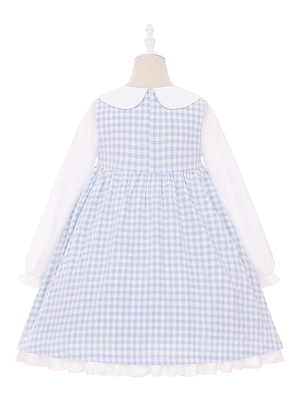 Robe à manches longues et col Peter Pan à carreaux bleu clair et motif poulet mignon