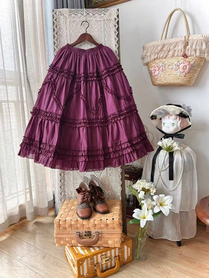 Elastic Waist Skirt Ruffled Purple Dark Under 82cm