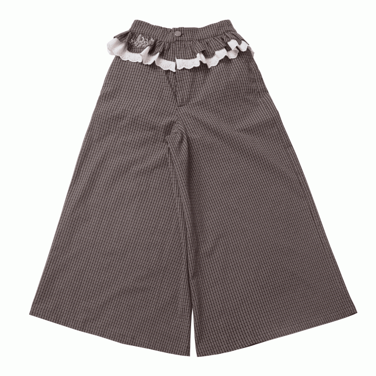 Ruffled Lace Trim Waist Wide-Leg Pants Brown Plaid