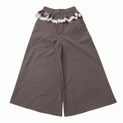 Ruffled Lace Trim Waist Wide-Leg Pants Brown Plaid