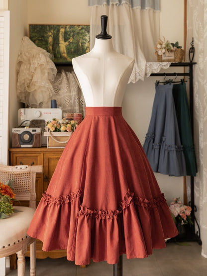 Orange Red Ruffle Trim Flounce Hem Skirt Midi Length Lolita Skirt