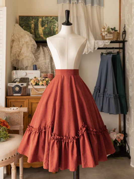 Jupe Lolita mi-longue à volants orange et rouge