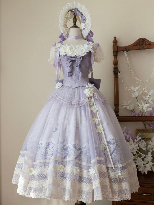 Classic Long Skirt Lolita Decoration + Jasmine Top Print Set Purple Corset Floral