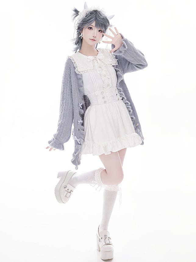 Jirai Kei Grey Bow Accents Landmine Style Soft Cardigan