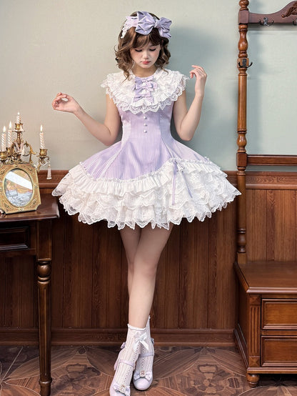 Purple Striped Fabric Slim Fit Waist White Layered Ruffle Neck Sweet Lolita Sleeveless Dress