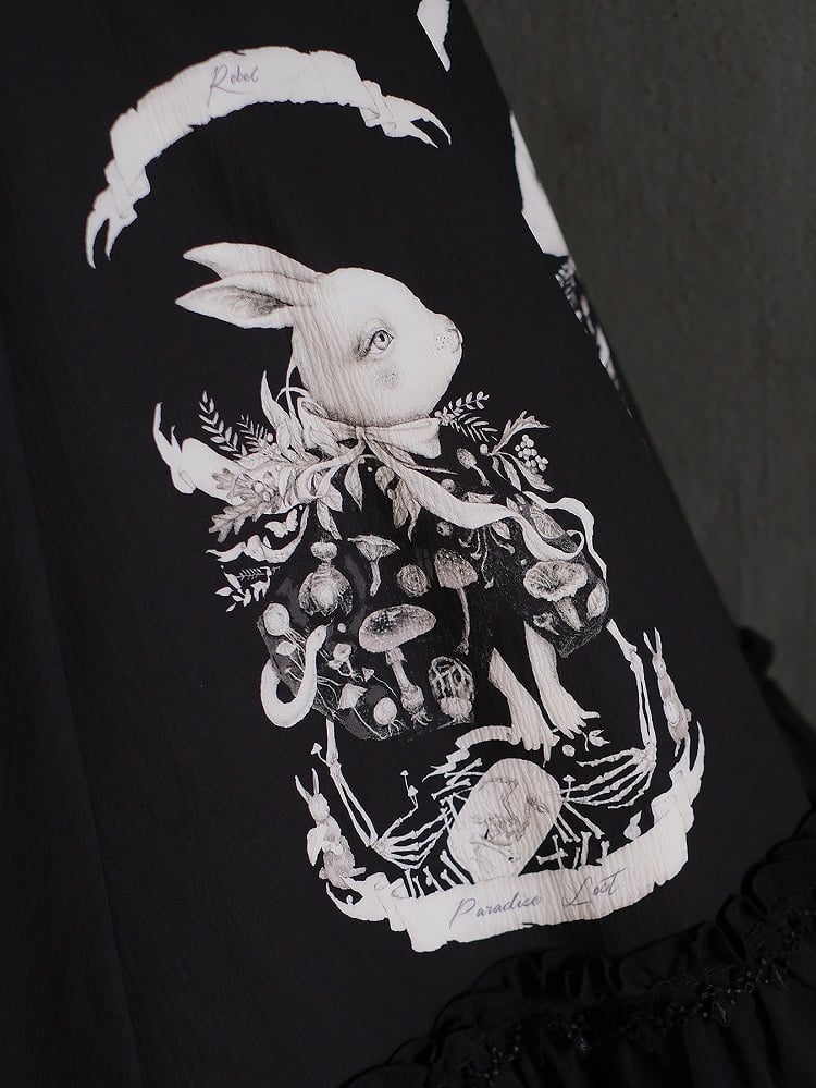 Dark Waist Dress Gothic Bunny Fit Slim Lolita Black Print