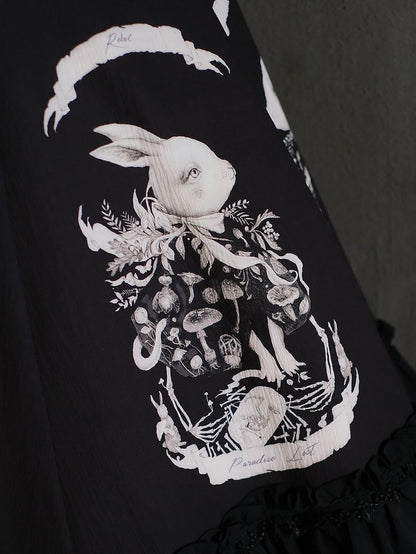 Dark Waist Dress Gothic Bunny Fit Slim Lolita Black Print