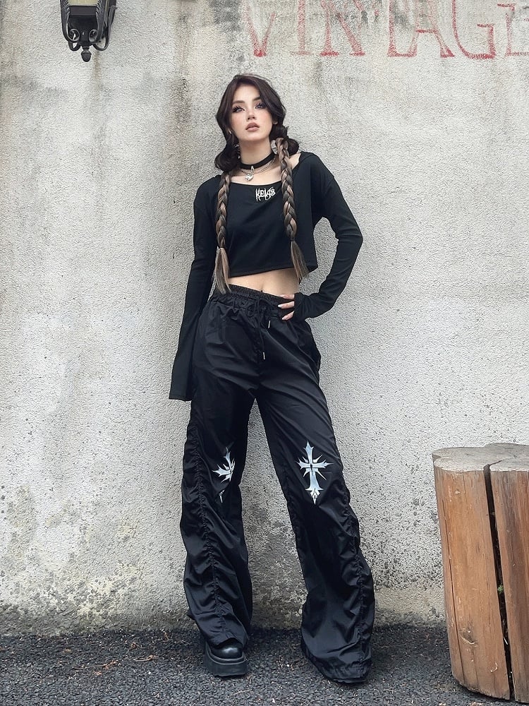 Waist Cross Print Design Drawstring Black Ruched Casual Pants