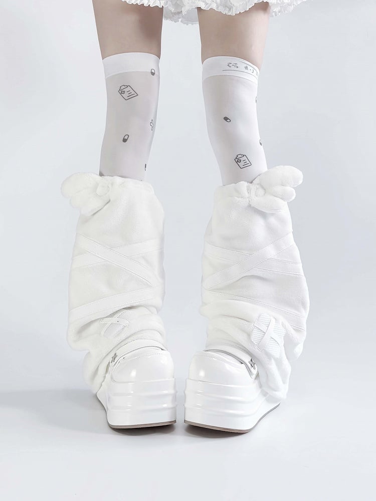 Kei Applique Angel Jirai Kawaii White Yami Flannel Leg Warmers Wings Design Cross