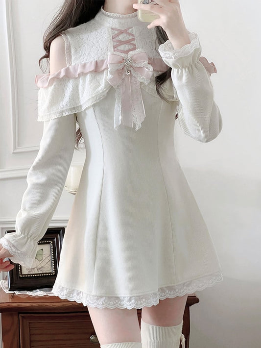 Jirai Kei Apricot Cutout Shoulder Lace Trim Long Sleeves Dress with Free Bow Tie