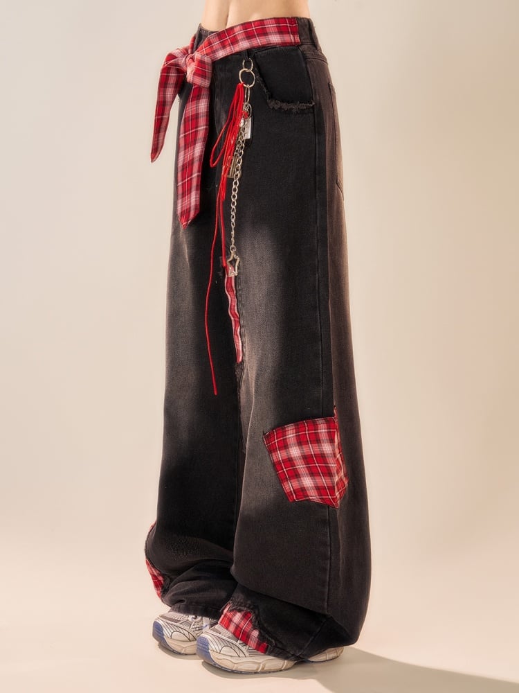 Gray Wide Leg Jeans with Red Plaid Waist Belt