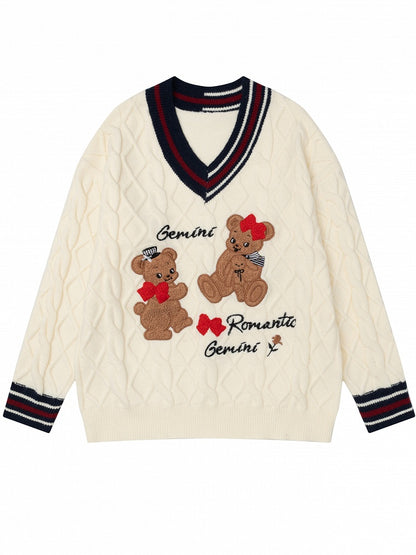 Christmas Milk White Gingerbread Bear Appliques V-neck Soft Sweater