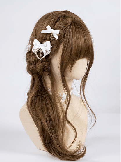 Charm Bowknot Hairclips Jirai Kei White with Beaded Moon/Heart