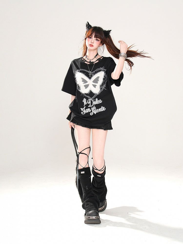 Butterfly Design Neckline Plush Butterfly Pink/Black Graphic T-shirt