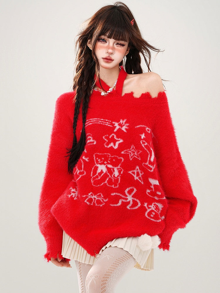 Red Bears and Stars Halter Neck Loose Sweater with Free Scarf