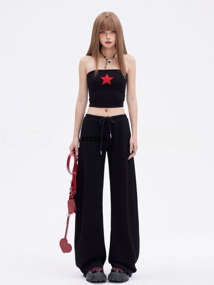 Glamorous Vintage Black  Slim-fitting Bustier Top Red Star Print Cropped
