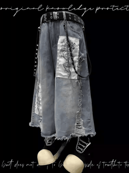 Blue Wide-leg Jeans Dragon Applique Raw Hem Distressed Holes Light