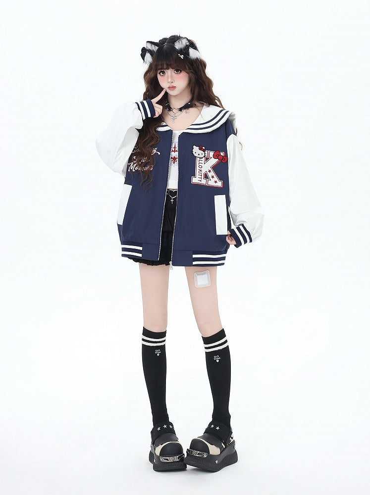 Marineblau/graue Baseballjacke mit Matrosenkragen und Kätzchenstickerei