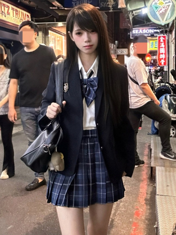 Stil Manschetten verziert Design Preppy JK Uniform Abzeichen Knopf Dark Blazer Blau