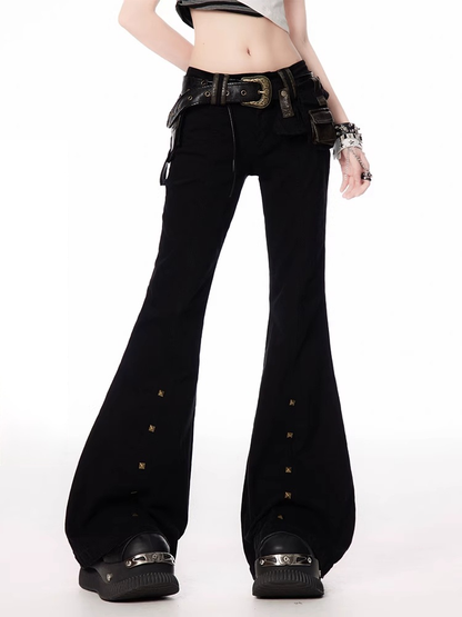 with Belt Buckle Black Low Waist Studded Cuffs Flared Pants