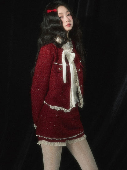 Christmas Red Tweed Cropped Jacket  Lace Trim Bowknot and Bead Details