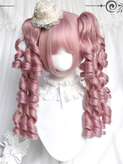 With + Clips Wigs Bangs Pink Curly Short Claw Ponytails Two Roman