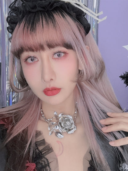 Collier ras du cou rose en métal argenté Y2K