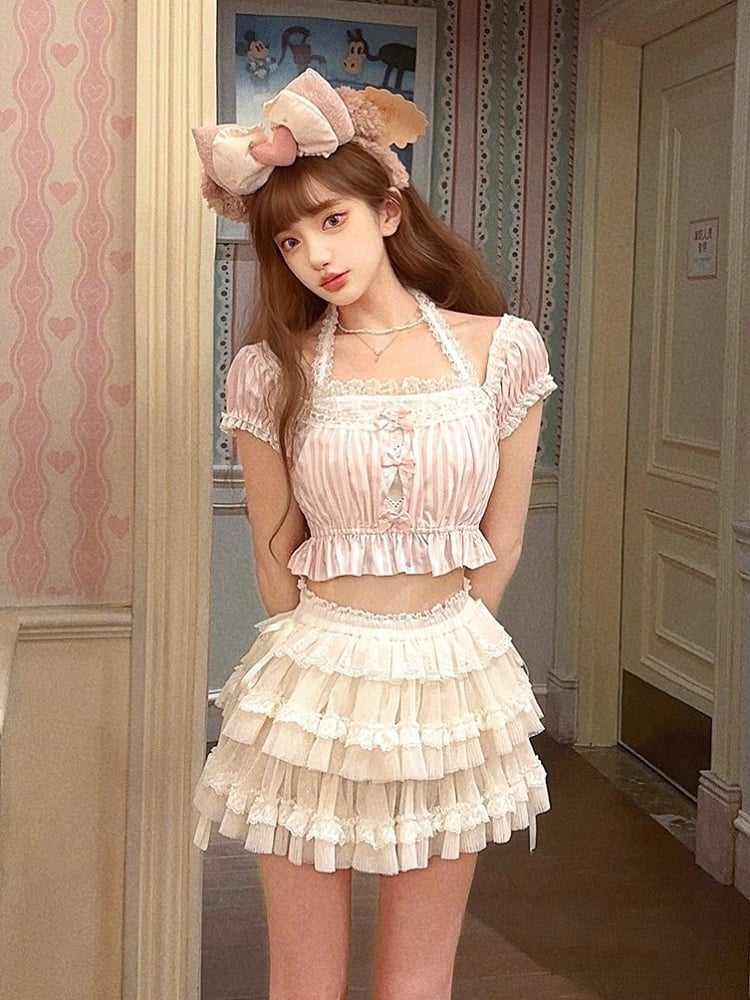 Pink Striped Puff Lace Bow Accents With Halter Top Sleeves Crop
