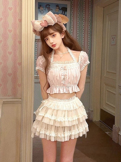 Pink Striped Puff Lace Bow Accents With Halter Top Sleeves Crop