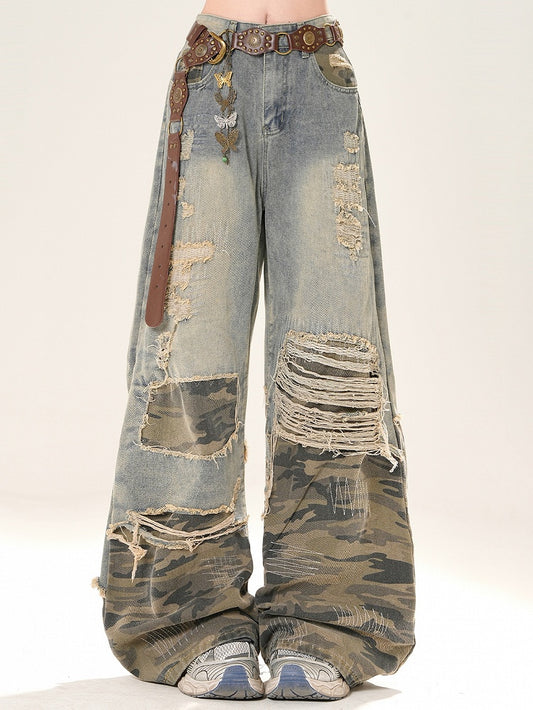 Blaue Camo Löcher Schnitt Bittersüß Glamourös Jeans Muster Weites Bein Distressed