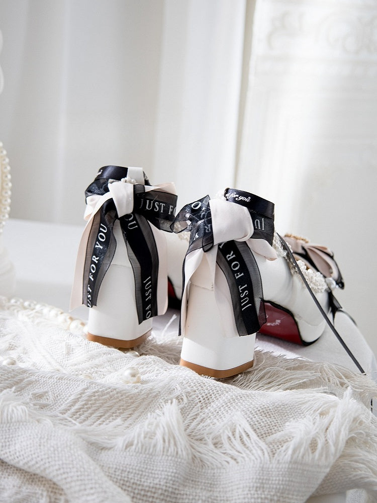 Bow 8CM Top Lolita Beaded Shoes Heart Heels Decorated Block Design White at