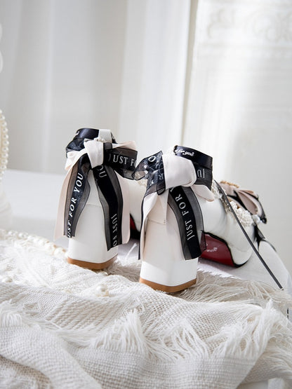 Bow 8CM Top Lolita Beaded Shoes Heart Heels Decorated Block Design White at