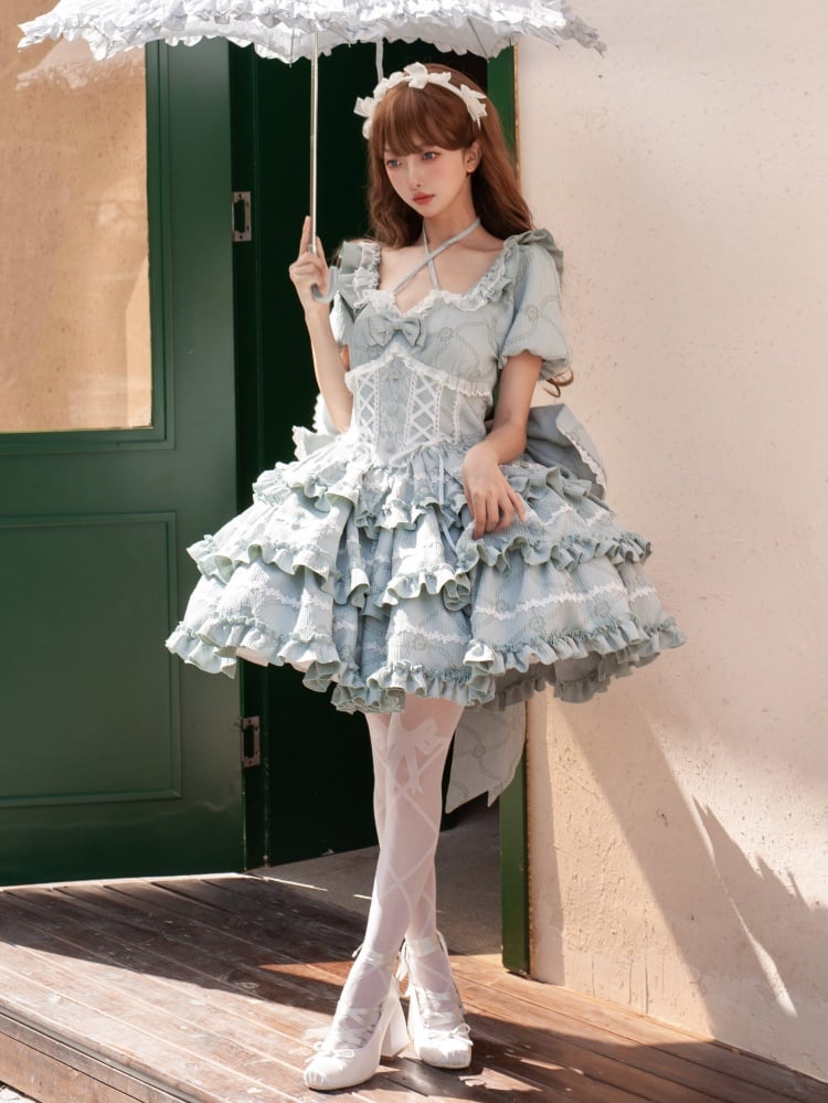 Green Corset Waist Dress Ruffle Skirt Princess