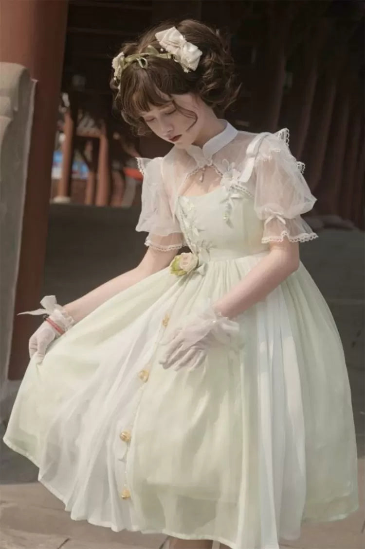 Banded Green Floral Embroidery Top Dress White Collar +