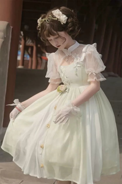 Banded Green Floral Embroidery Top Dress White Collar +