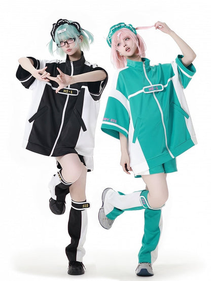 ホワイトカラーブロックデザインのグリーンレッグウォーマー