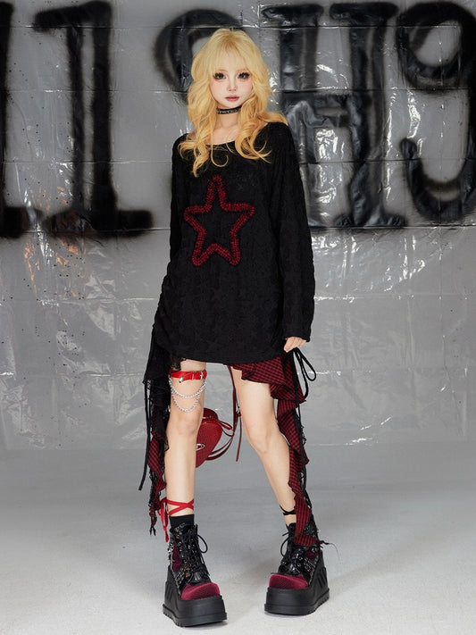 Black Star  Long Sleeves Drawstring T-shirt