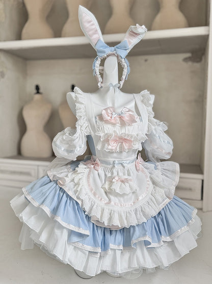 Blue and Pink Sweet Maid Apron + Basque Waist Tiered Ruffles Hem Strapless Puffy Dress