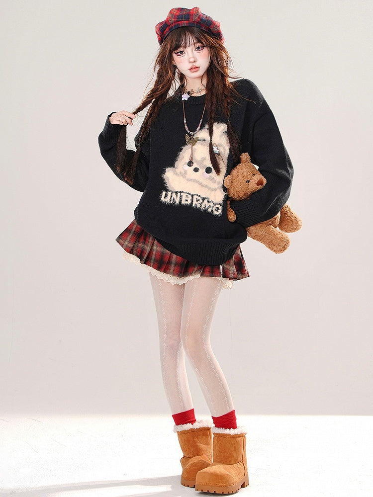 Milk Yellow/Black/Red Cute Puppy Pattern Loose Sweater